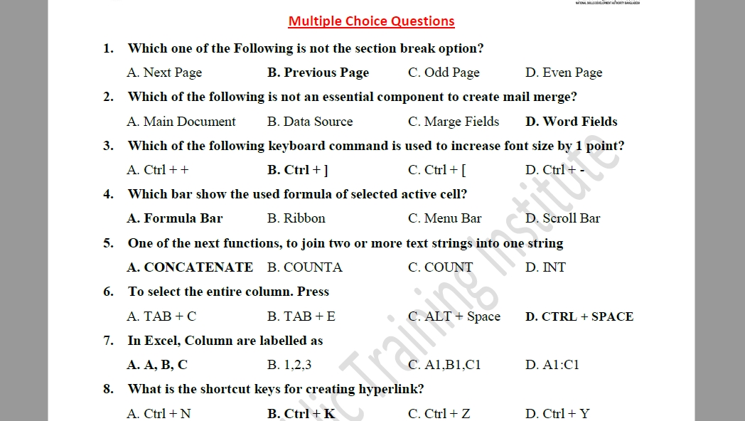 it support service level 3 pdf Written Suggestion (MCQ)